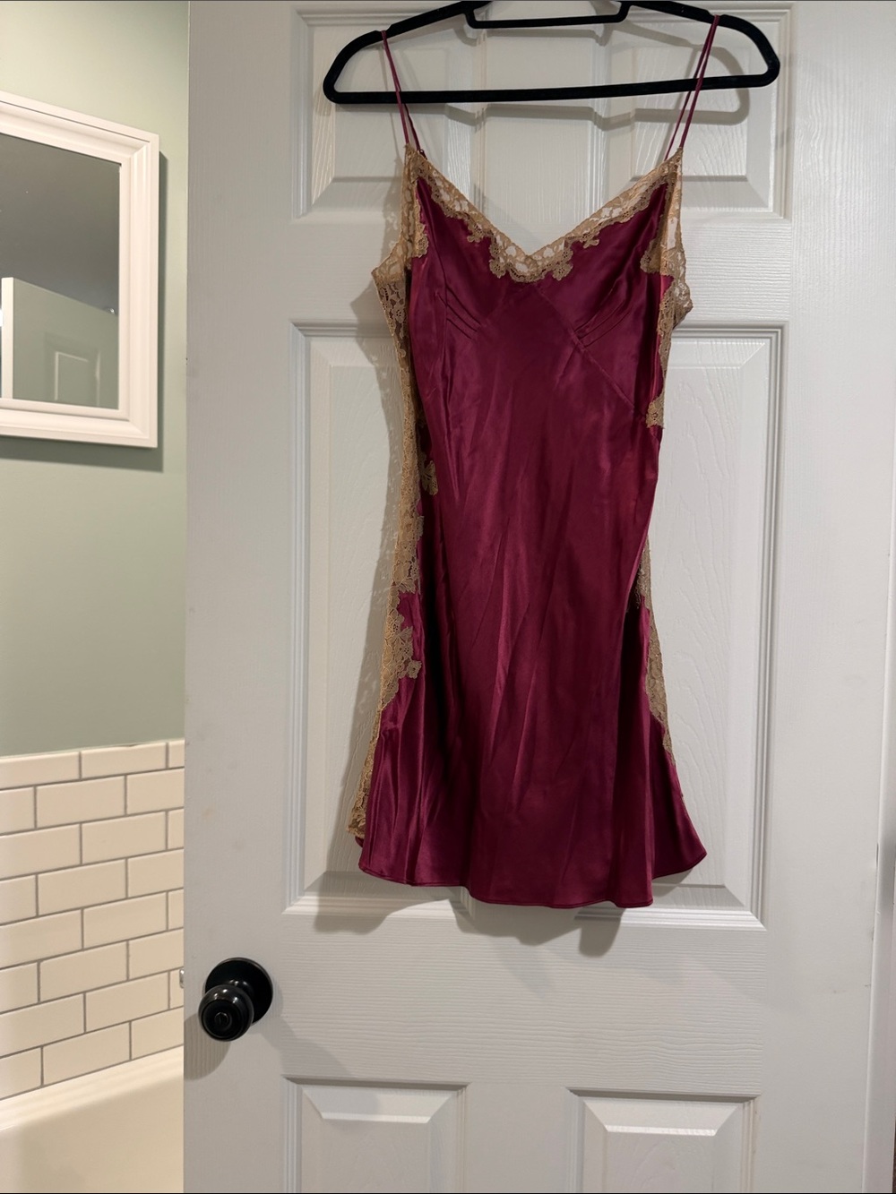Leigh Bantivoglio -Cranberry Silk Chemise with Champagne Lace Trim - Picture 4 of 10